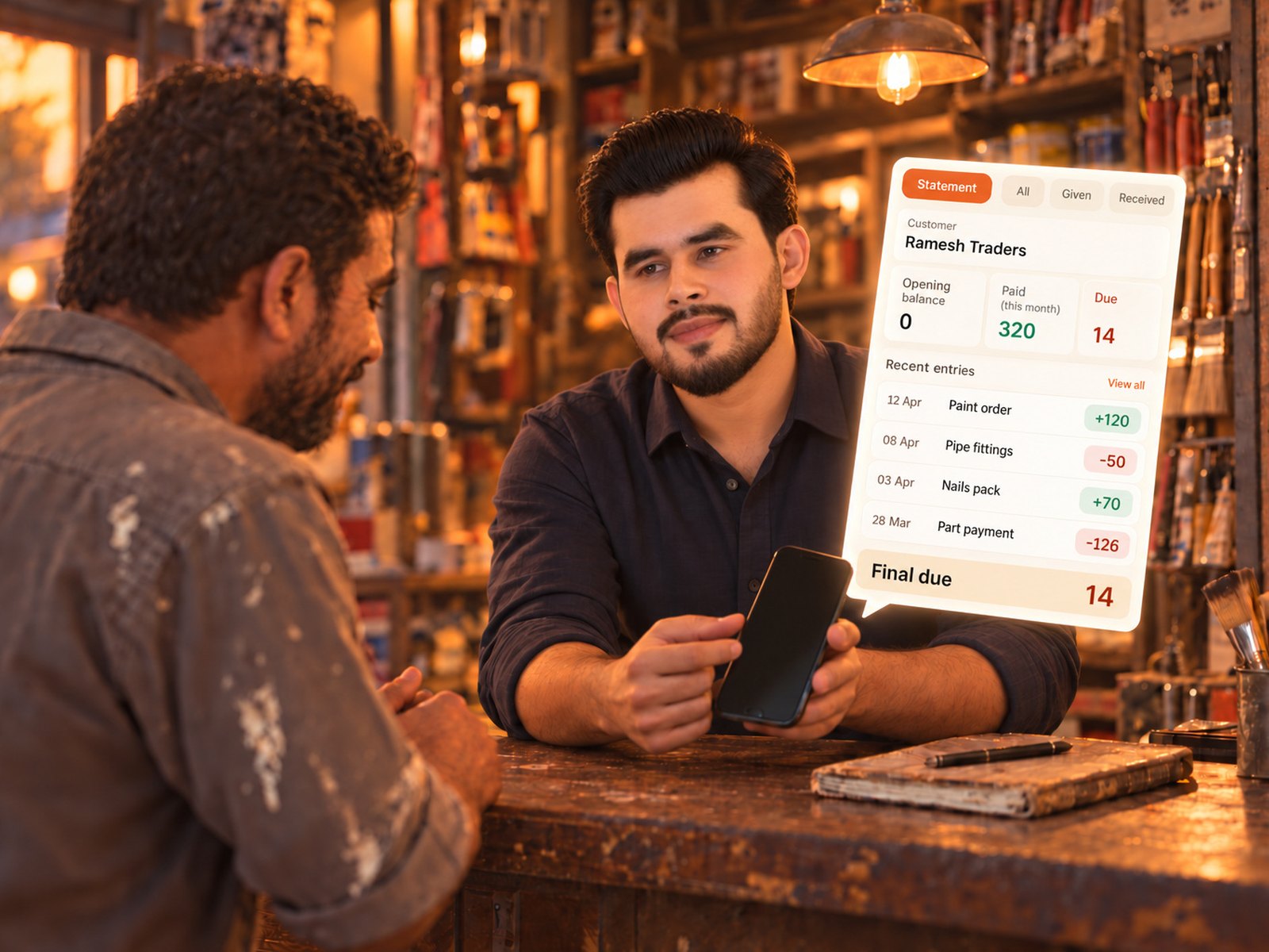 A customer statement in MoneyBook showing a running balance, ready to share